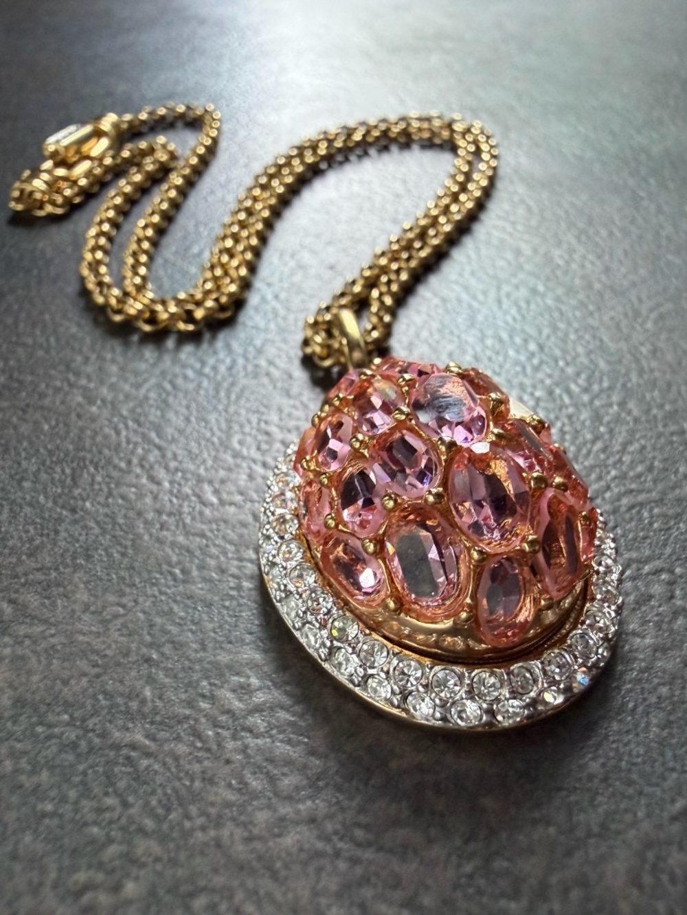 Swarovski Pink Champagne Crystal Dome Necklace Gold Rolo Chain
